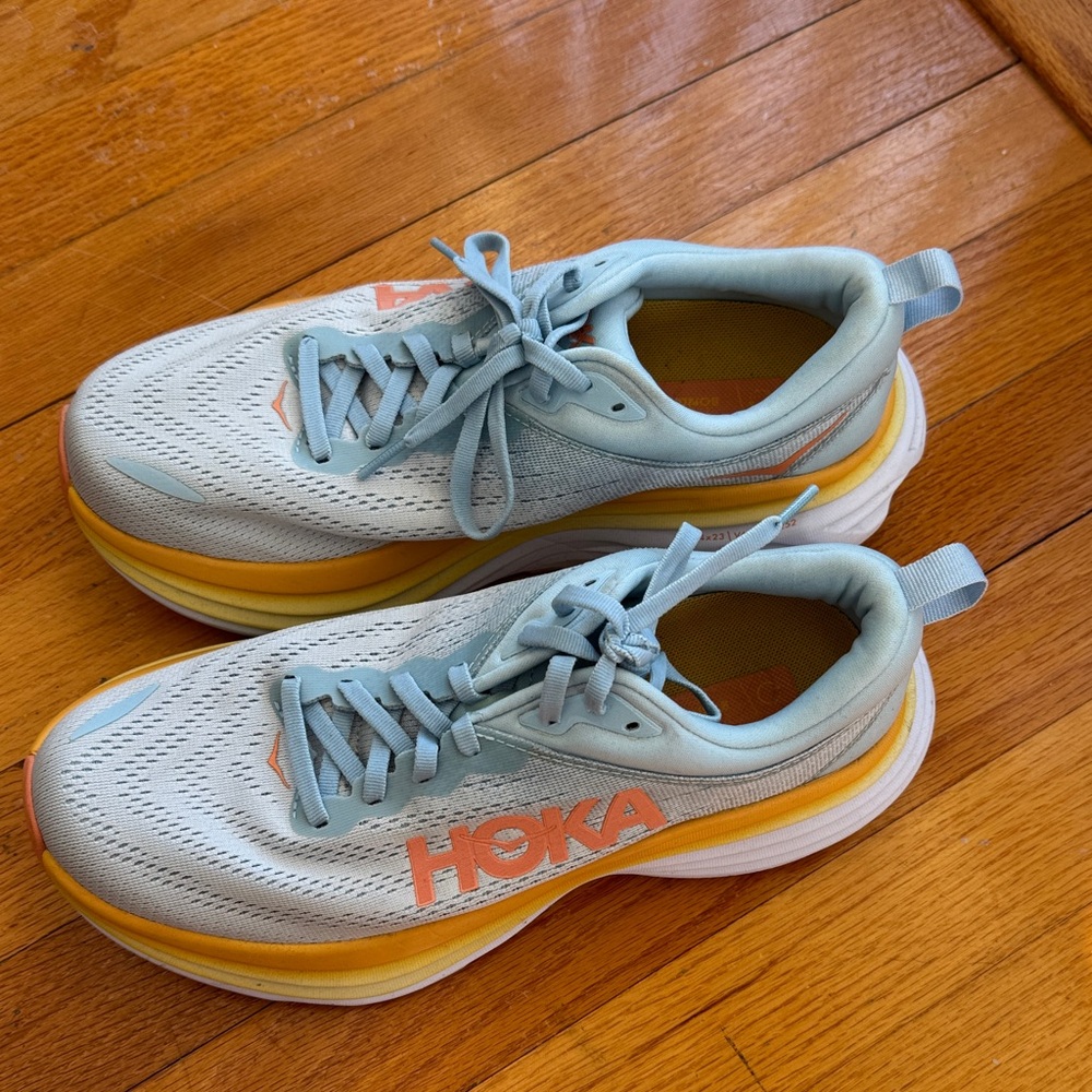 Hoka Bondi 8 Women’s Light Blue and Yellow Sneakers